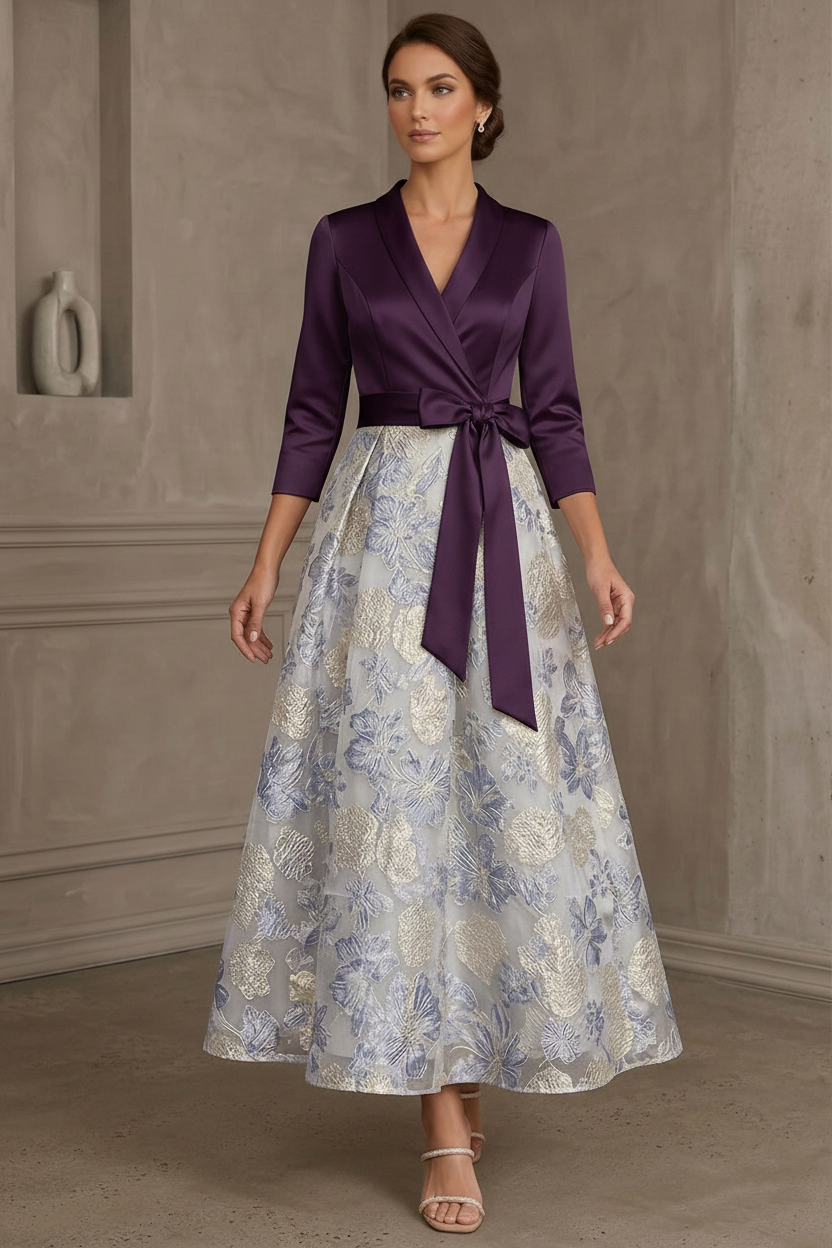 A-Line/Princess V-Neck Satin Mother Of The Bride Dresses Floral 3/4 Sleeves Tea-Length Bowknot