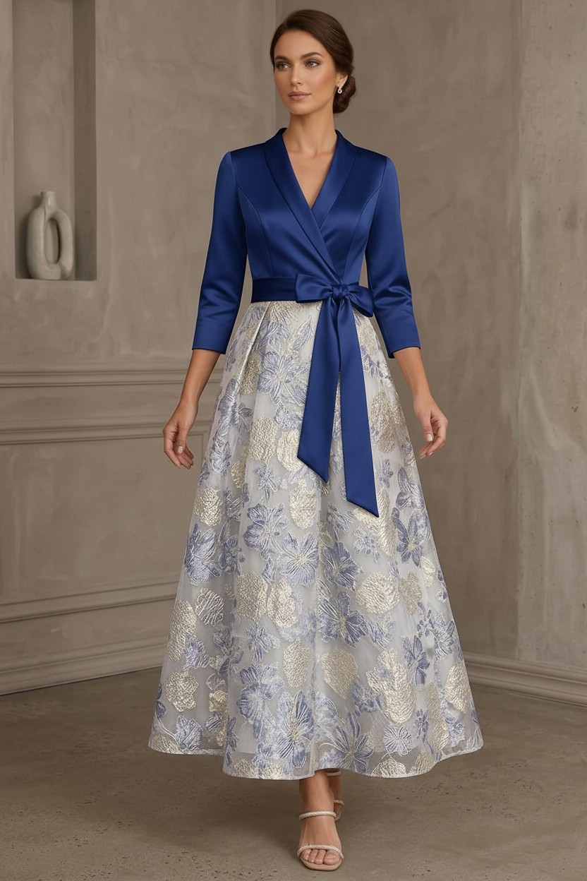 A-Line/Princess V-Neck Satin Mother Of The Bride Dresses Floral 3/4 Sleeves Tea-Length Bowknot
