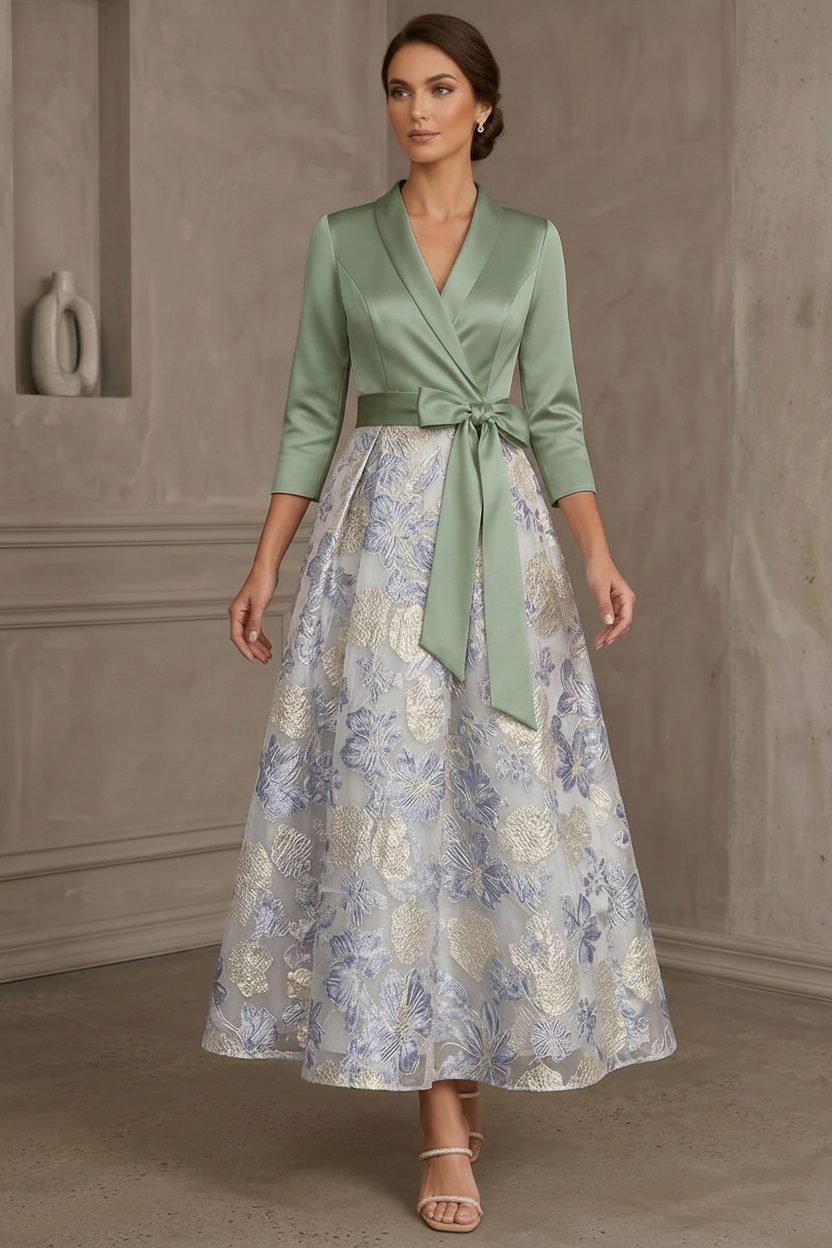 A-Line/Princess V-Neck Satin Mother Of The Bride Dresses Floral 3/4 Sleeves Tea-Length Bowknot