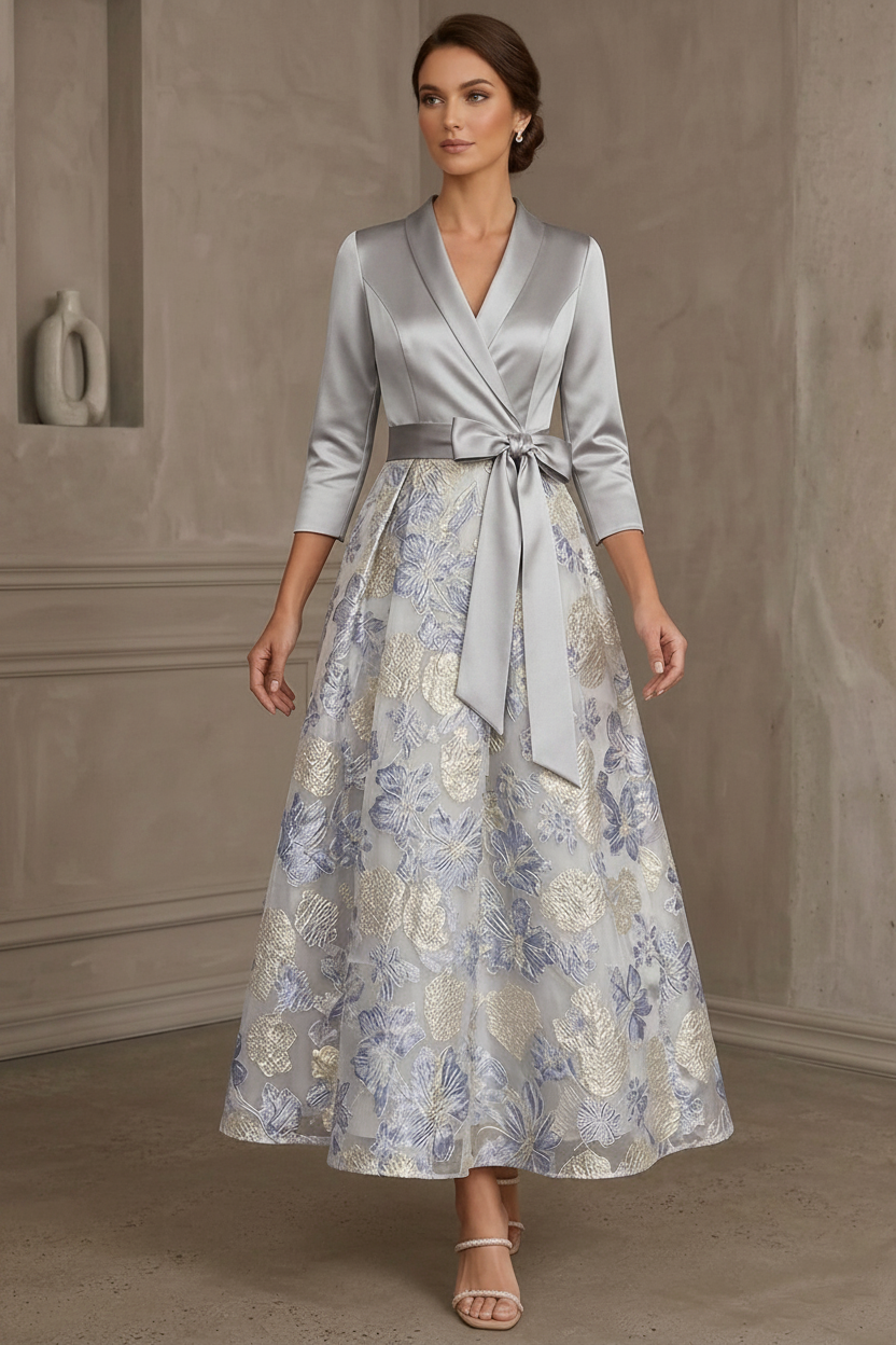A-Line/Princess V-Neck Satin Mother Of The Bride Dresses Floral 3/4 Sleeves Tea-Length Bowknot