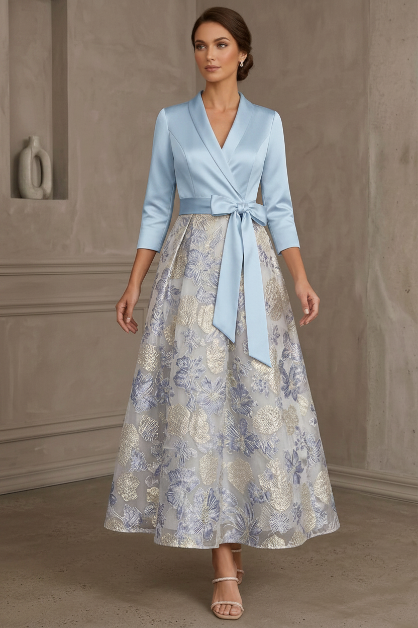 A-Line/Princess V-Neck Satin Mother Of The Bride Dresses Floral 3/4 Sleeves Tea-Length Bowknot
