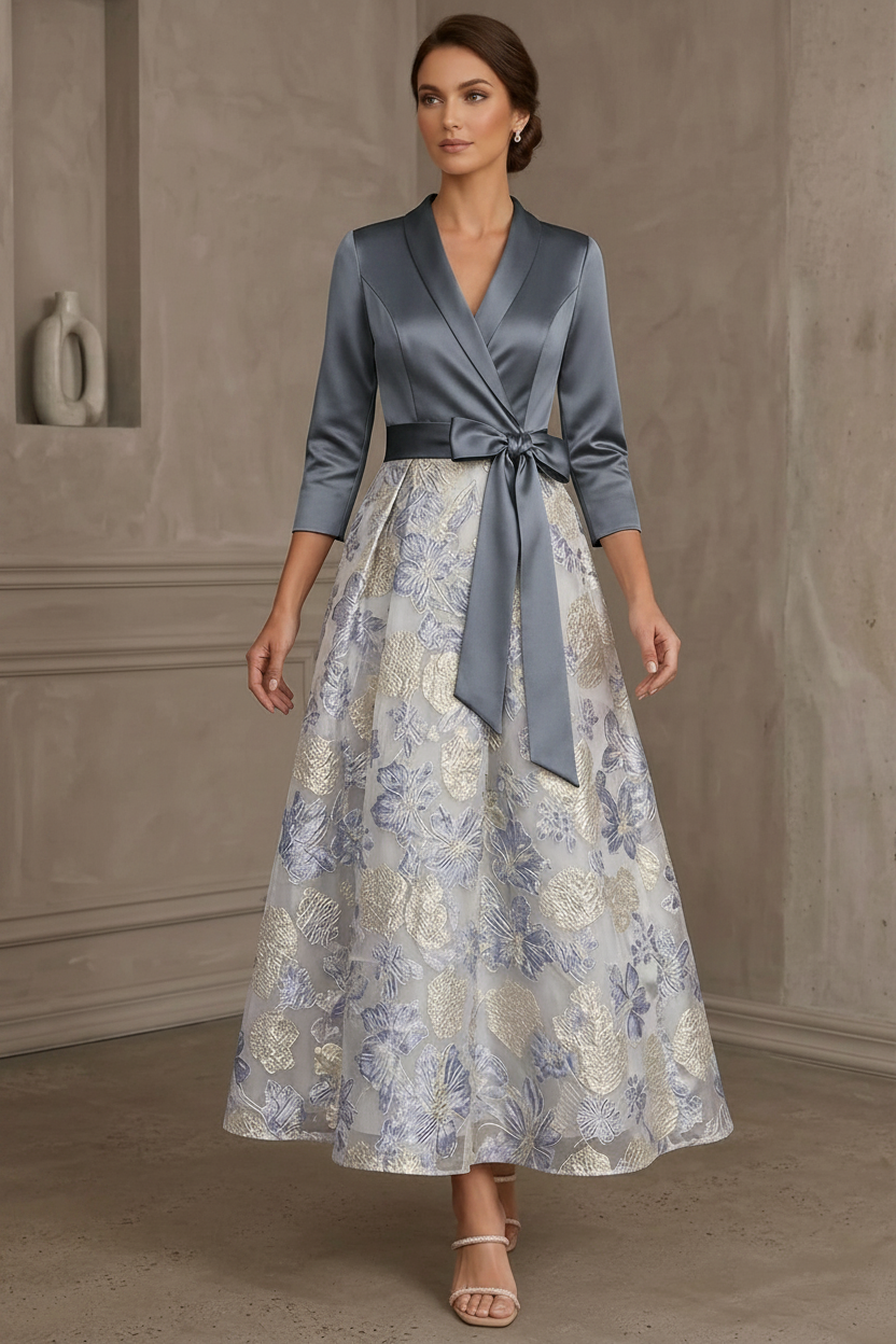 A-Line/Princess V-Neck Satin Mother Of The Bride Dresses Floral 3/4 Sleeves Tea-Length Bowknot