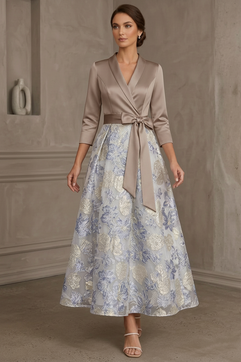 A-Line/Princess V-Neck Satin Mother Of The Bride Dresses Floral 3/4 Sleeves Tea-Length Bowknot