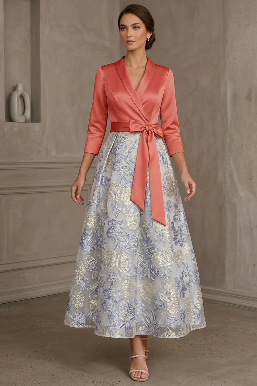 A-Line/Princess V-Neck Satin Mother Of The Bride Dresses Floral 3/4 Sleeves Tea-Length Bowknot