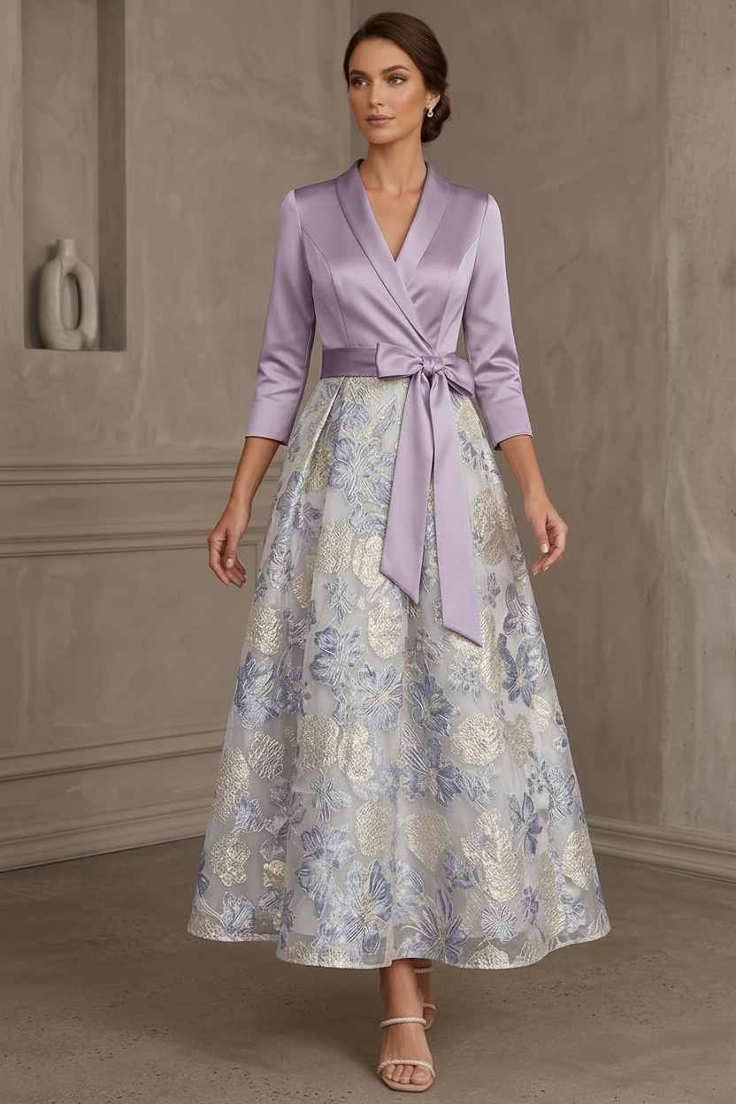 A-Line/Princess V-Neck Satin Mother Of The Bride Dresses Floral 3/4 Sleeves Tea-Length Bowknot