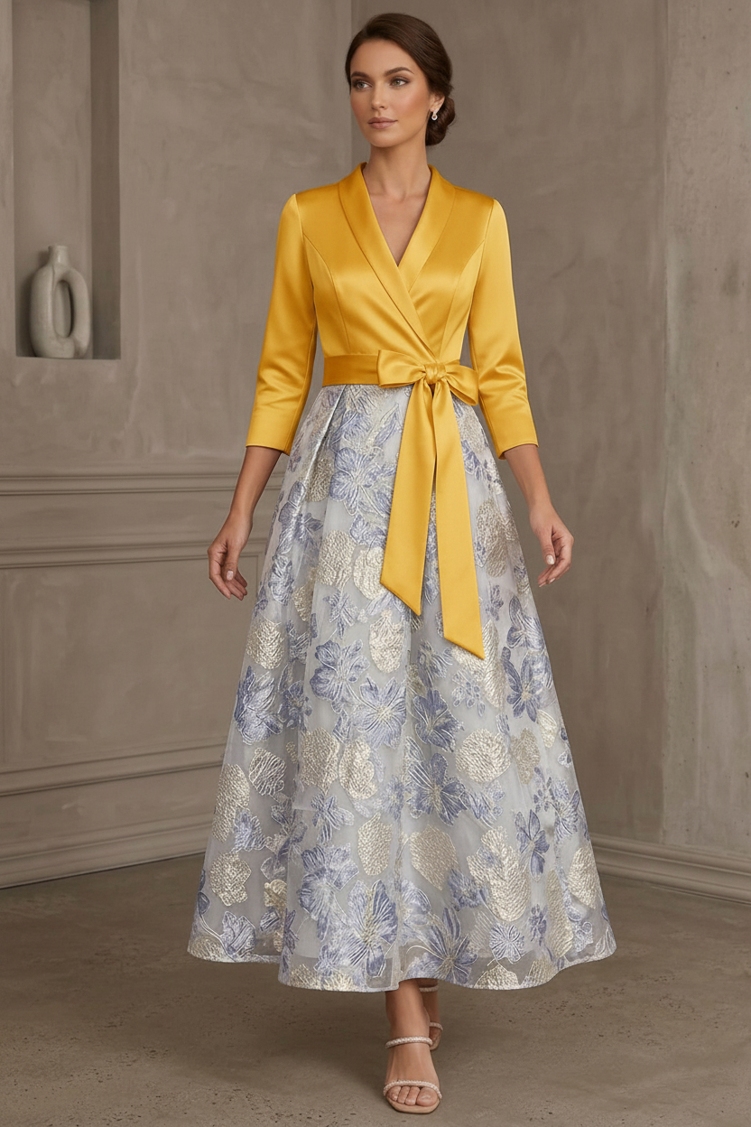 A-Line/Princess V-Neck Satin Mother Of The Bride Dresses Floral 3/4 Sleeves Tea-Length Bowknot
