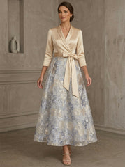 A-Line/Princess V-Neck Satin Mother Of The Bride Dresses Floral 3/4 Sleeves Tea-Length Bowknot