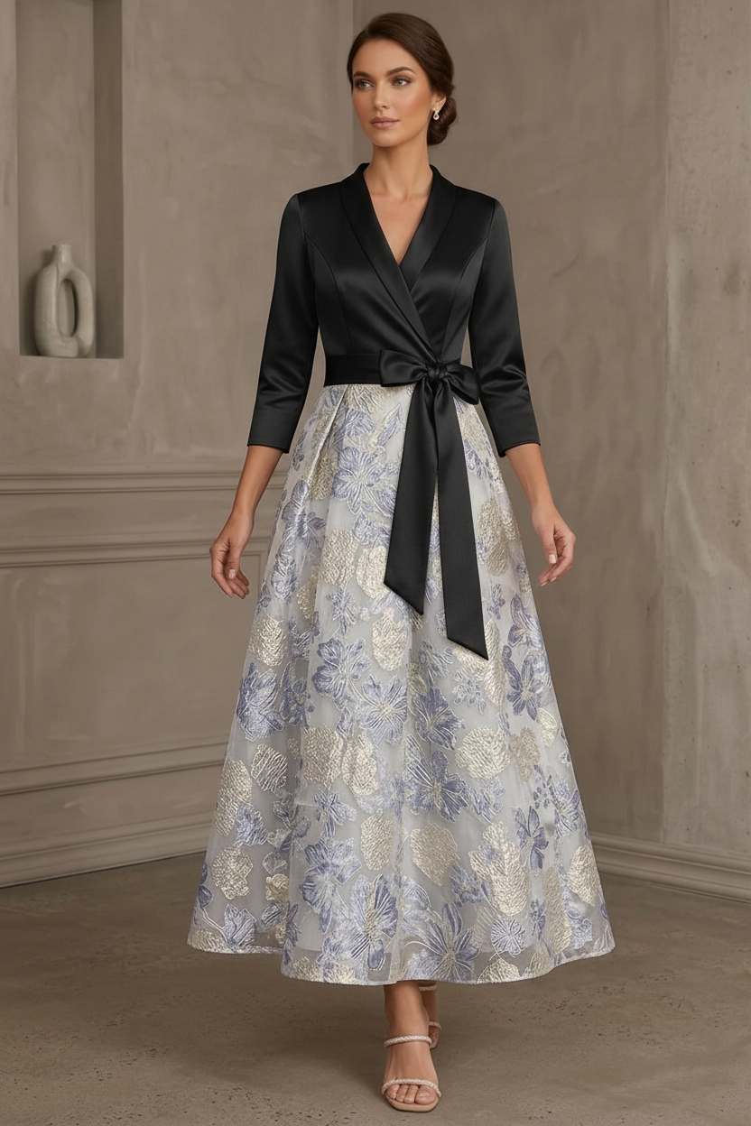 A-Line/Princess V-Neck Satin Mother Of The Bride Dresses Floral 3/4 Sleeves Tea-Length Bowknot