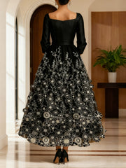 A-Line/Princess V-Neck Satin Mother of the Bride Dresses 3/4 Length Sleeves Ankle-Length Floral Lace