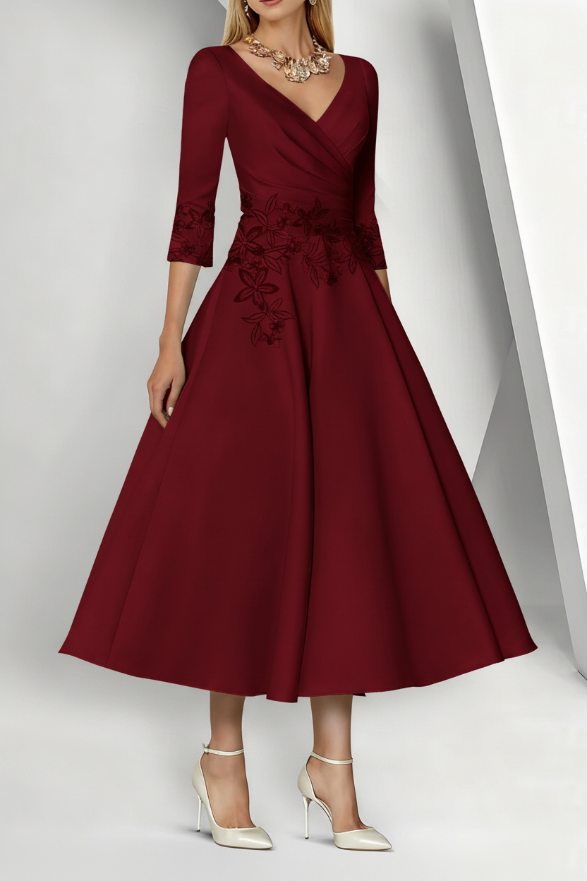 A-Line/Princess V-Neck Satin Mother of the Bride Dresses 3/4 Sleeves Pleated Lace Tea-Length