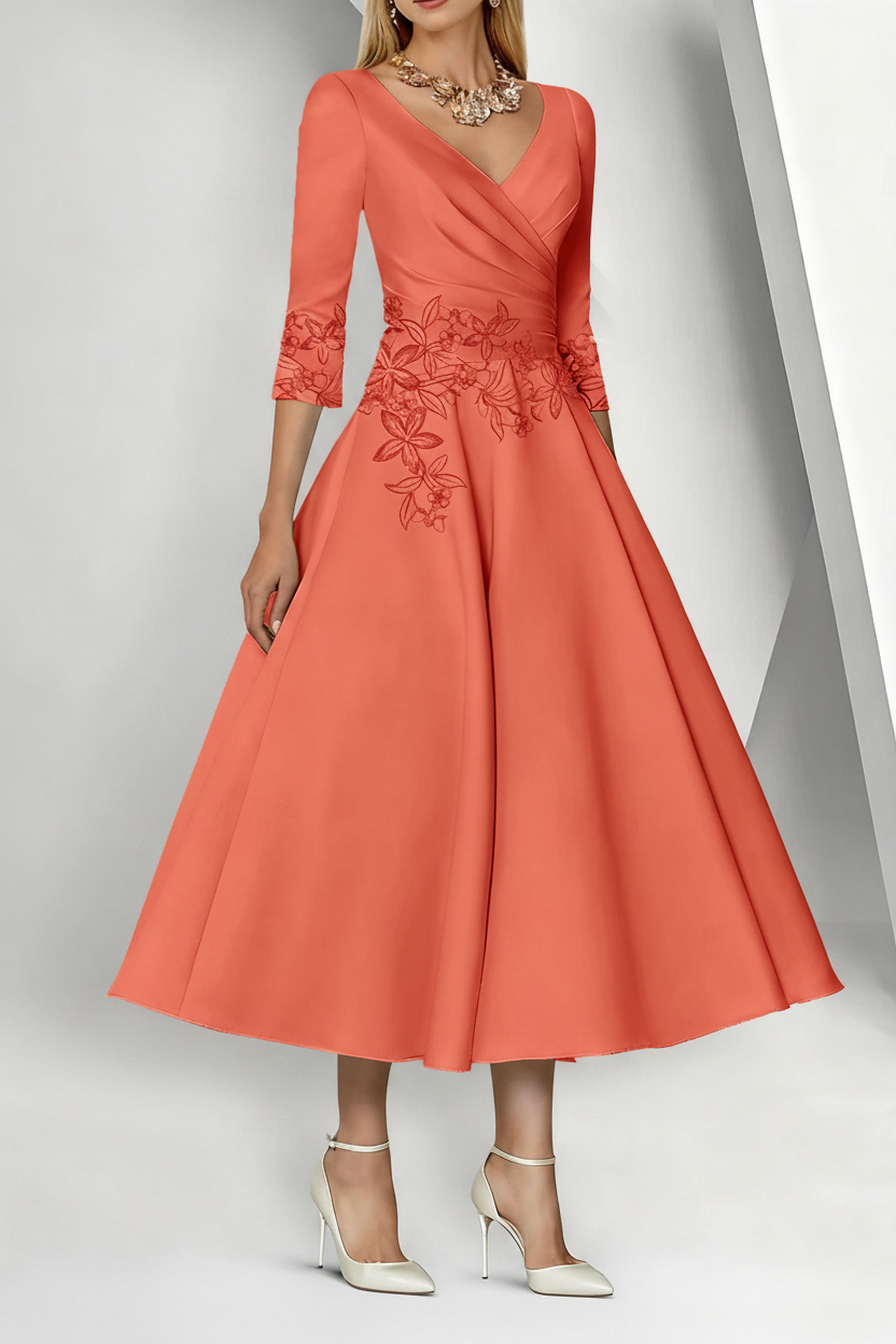 A-Line/Princess V-Neck Satin Mother of the Bride Dresses 3/4 Sleeves Pleated Lace Tea-Length
