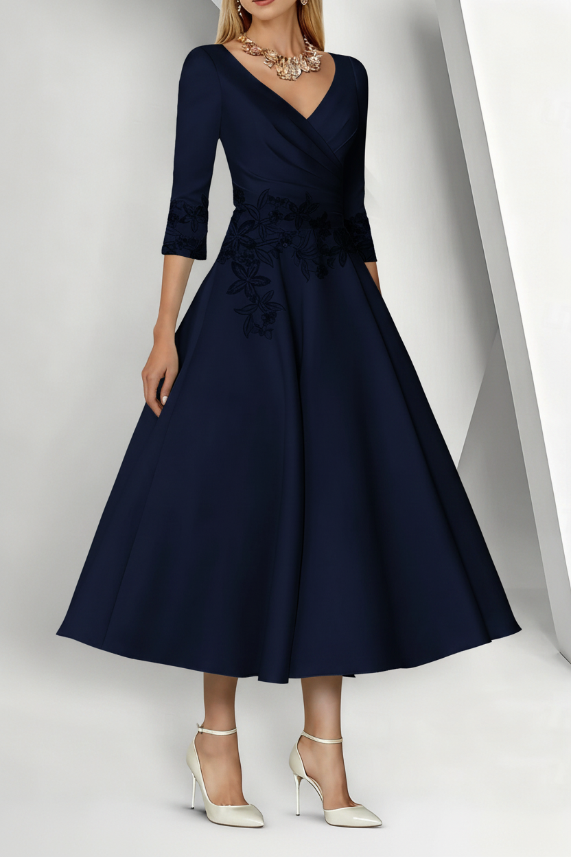 A-Line/Princess V-Neck Satin Mother of the Bride Dresses 3/4 Sleeves Pleated Lace Tea-Length