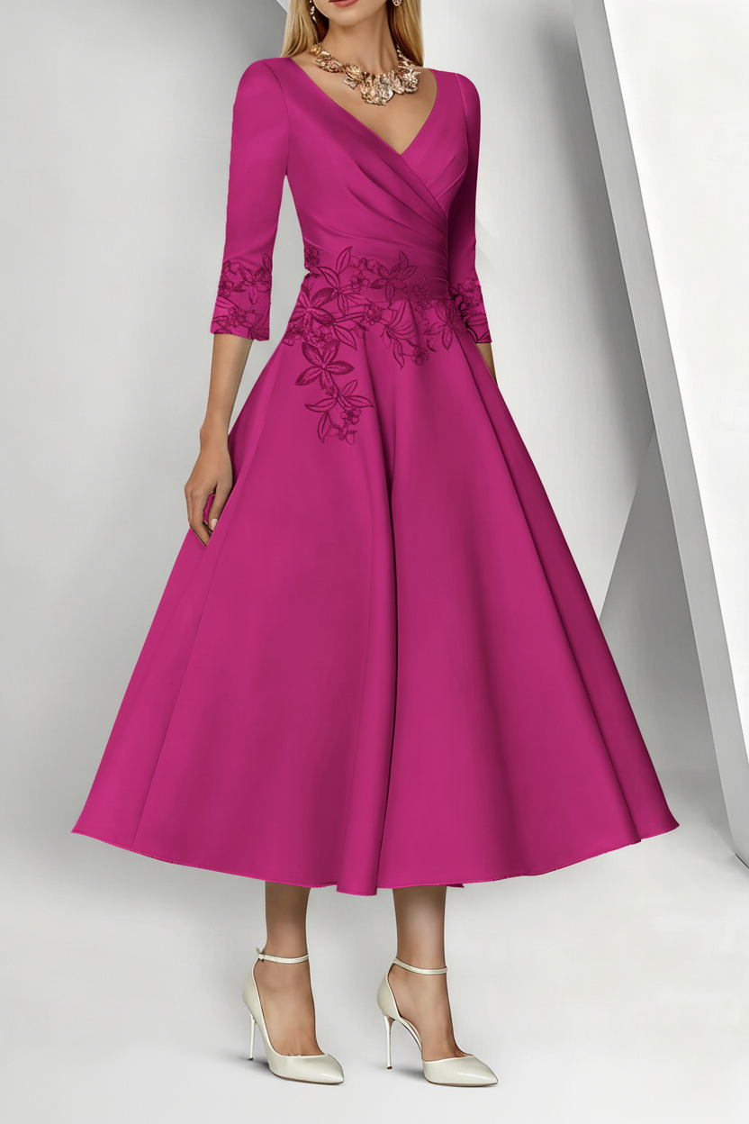 A-Line/Princess V-Neck Satin Mother of the Bride Dresses 3/4 Sleeves Pleated Lace Tea-Length