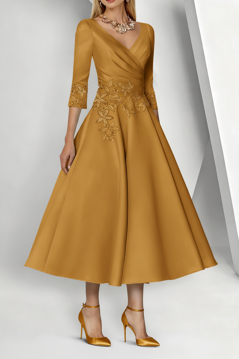 A-Line/Princess V-Neck Satin Mother of the Bride Dresses 3/4 Sleeves Pleated Lace Tea-Length