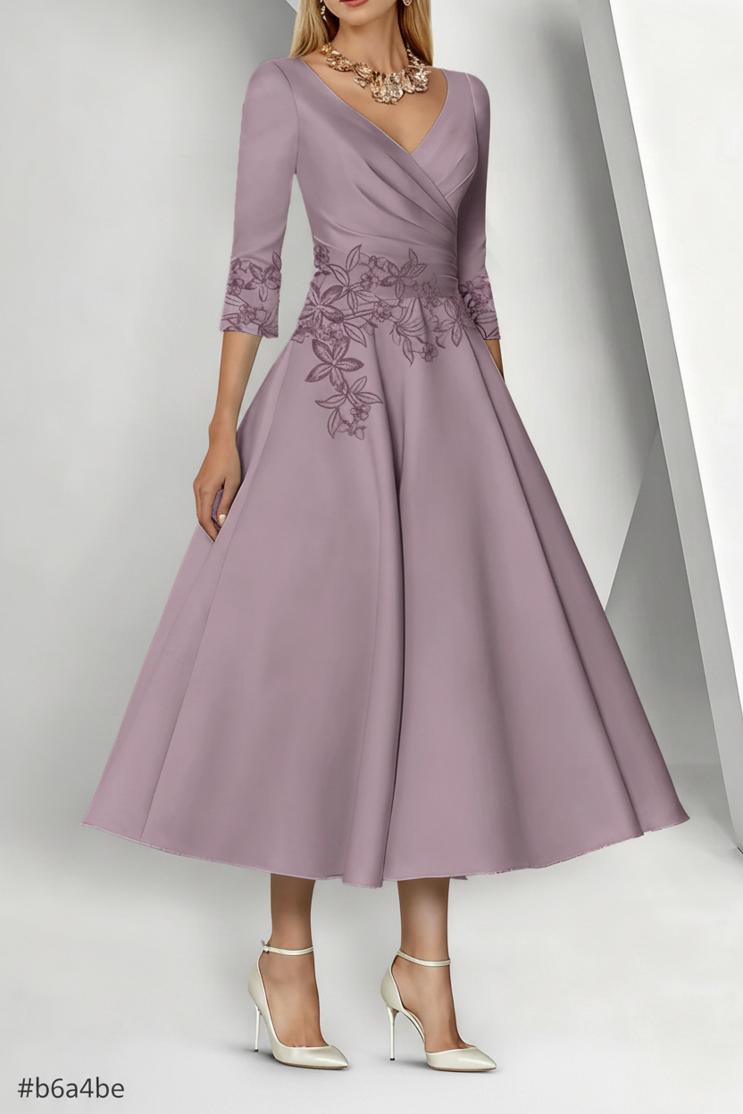 A-Line/Princess V-Neck Satin Mother of the Bride Dresses 3/4 Sleeves Pleated Lace Tea-Length