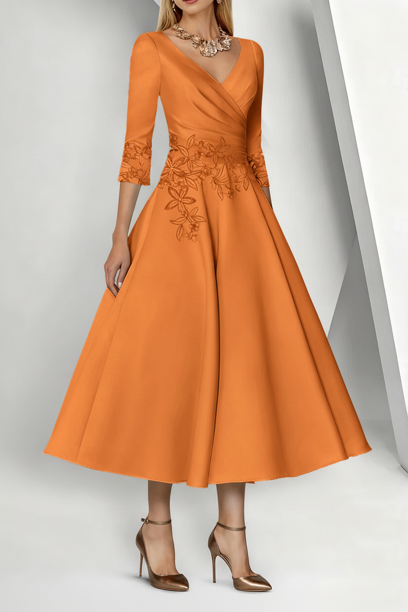 A-Line/Princess V-Neck Satin Mother of the Bride Dresses 3/4 Sleeves Pleated Lace Tea-Length