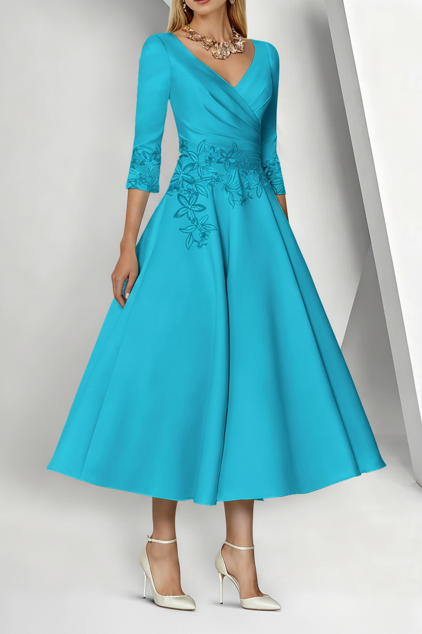 A-Line/Princess V-Neck Satin Mother of the Bride Dresses 3/4 Sleeves Pleated Lace Tea-Length