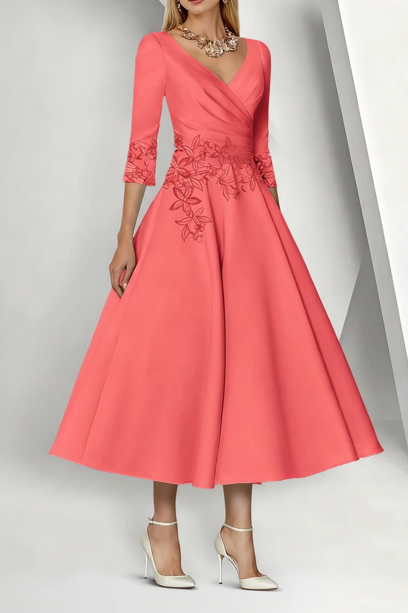 A-Line/Princess V-Neck Satin Mother of the Bride Dresses 3/4 Sleeves Pleated Lace Tea-Length