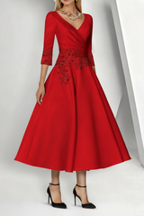 A-Line/Princess V-Neck Satin Mother of the Bride Dresses 3/4 Sleeves Pleated Lace Tea-Length