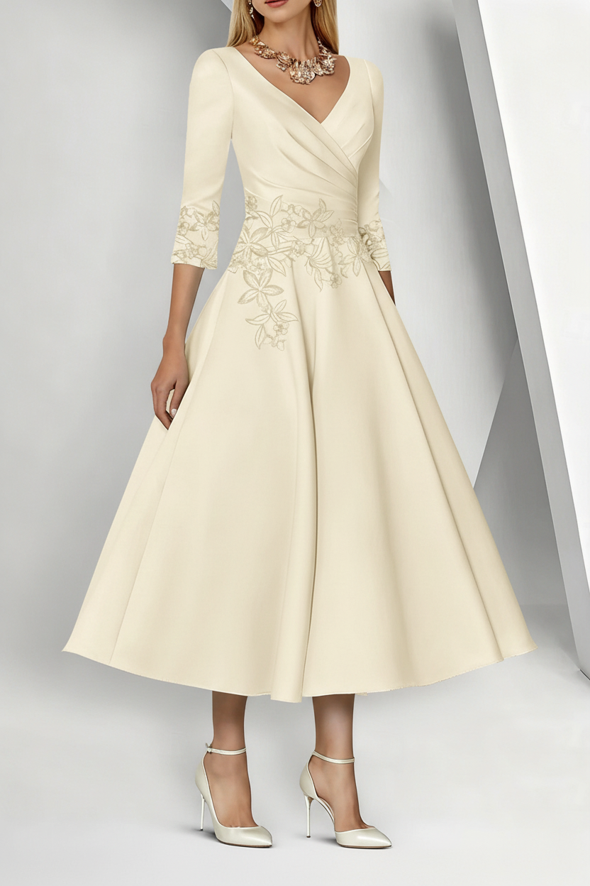 A-Line/Princess V-Neck Satin Mother of the Bride Dresses 3/4 Sleeves Pleated Lace Tea-Length