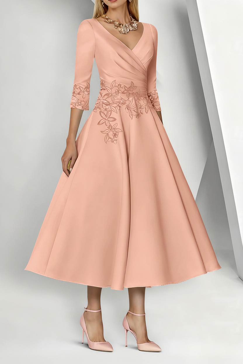A-Line/Princess V-Neck Satin Mother of the Bride Dresses 3/4 Sleeves Pleated Lace Tea-Length