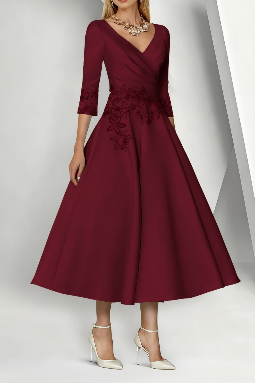 A-Line/Princess V-Neck Satin Mother of the Bride Dresses 3/4 Sleeves Pleated Lace Tea-Length