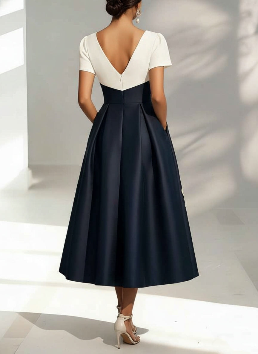 A-Line/Princess V-Neck Satin Mother of the Bride Dresses Short Sleeves Floral Tea-Length Appliques
