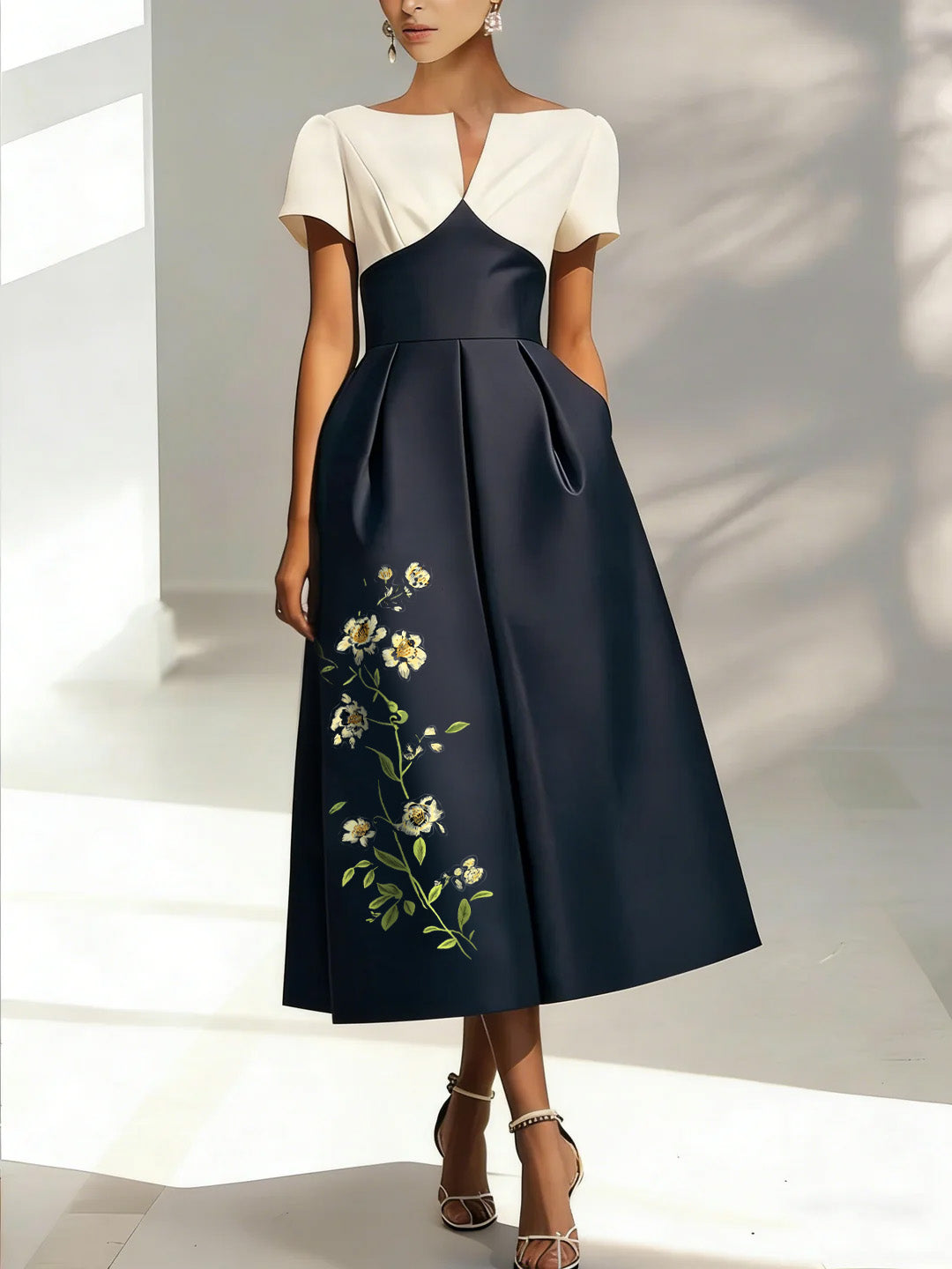 A-Line/Princess V-Neck Satin Mother of the Bride Dresses Short Sleeves Floral Tea-Length Appliques