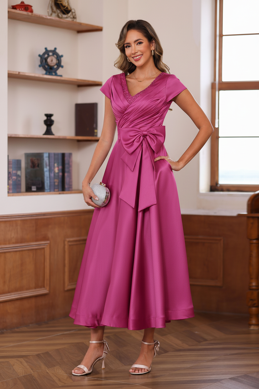 A-Line/Princess V-Neck Short Sleeves Ankle-Length Mother of the Bride Dresses With Pockets & Ruffles
