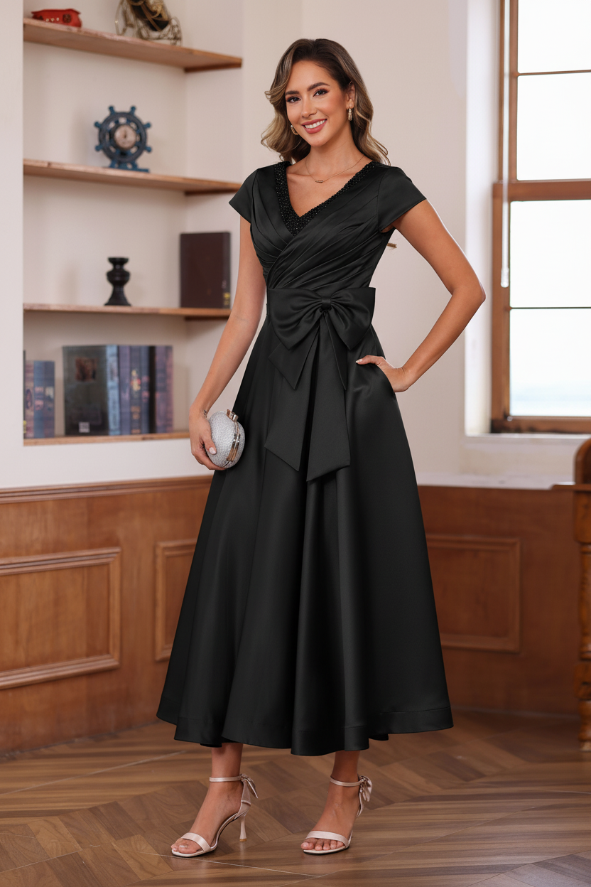 A-Line/Princess V-Neck Short Sleeves Ankle-Length Mother of the Bride Dresses With Pockets & Ruffles