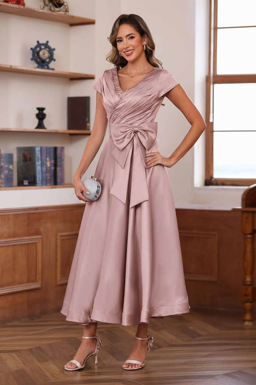 A-Line/Princess V-Neck Short Sleeves Ankle-Length Mother of the Bride Dresses With Pockets & Ruffles
