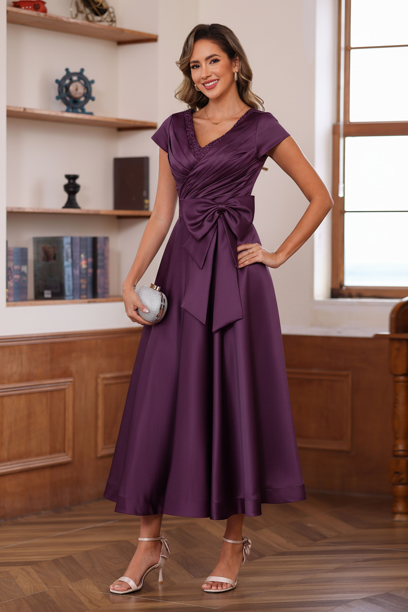 A-Line/Princess V-Neck Short Sleeves Ankle-Length Mother of the Bride Dresses With Pockets & Ruffles
