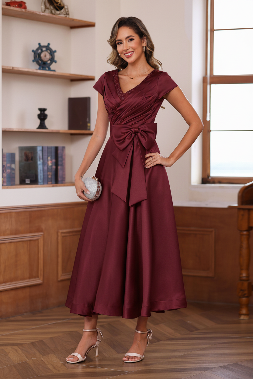 A-Line/Princess V-Neck Short Sleeves Ankle-Length Mother of the Bride Dresses With Pockets & Ruffles