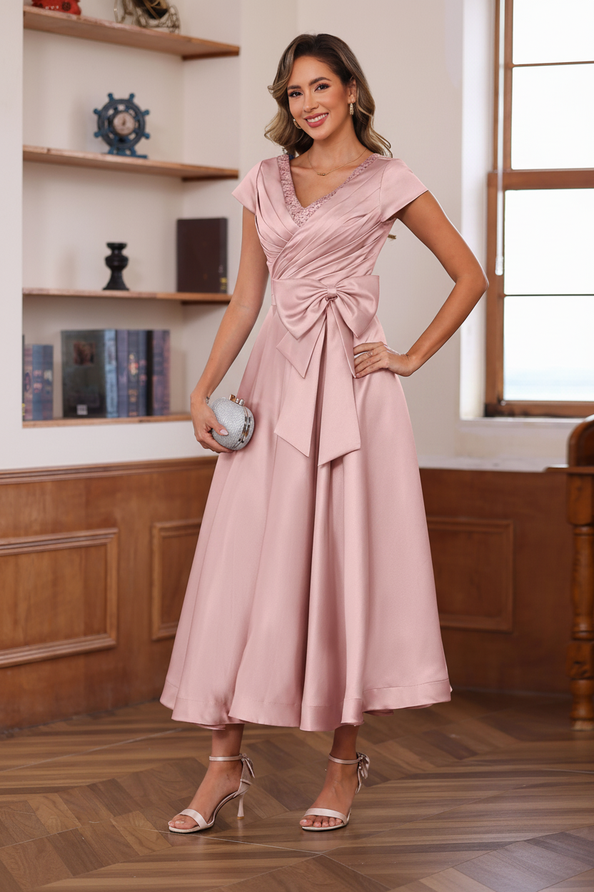A-Line/Princess V-Neck Short Sleeves Ankle-Length Mother of the Bride Dresses With Pockets & Ruffles