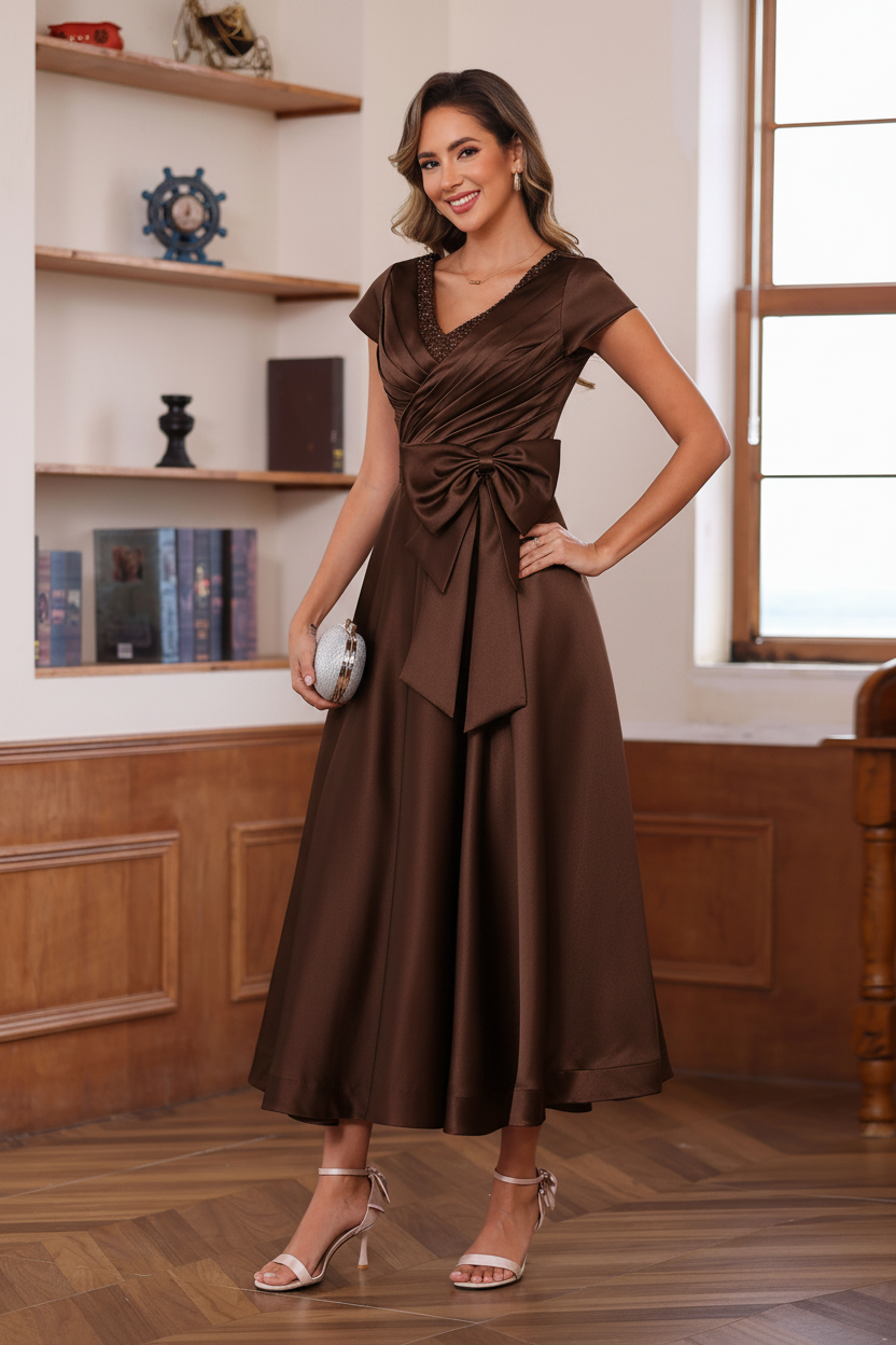 A-Line/Princess V-Neck Short Sleeves Ankle-Length Mother of the Bride Dresses With Pockets & Ruffles