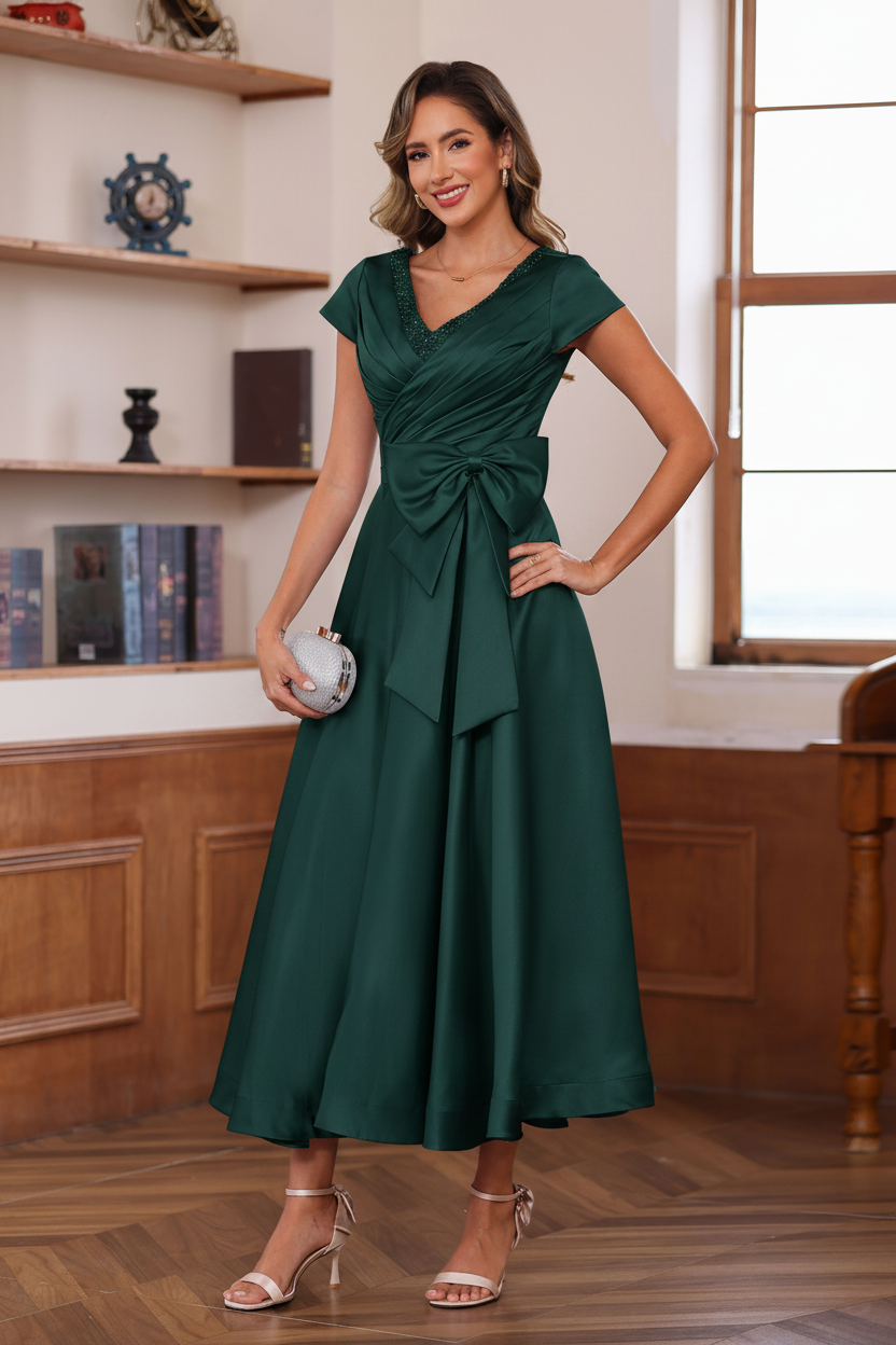 A-Line/Princess V-Neck Short Sleeves Ankle-Length Mother of the Bride Dresses With Pockets & Ruffles