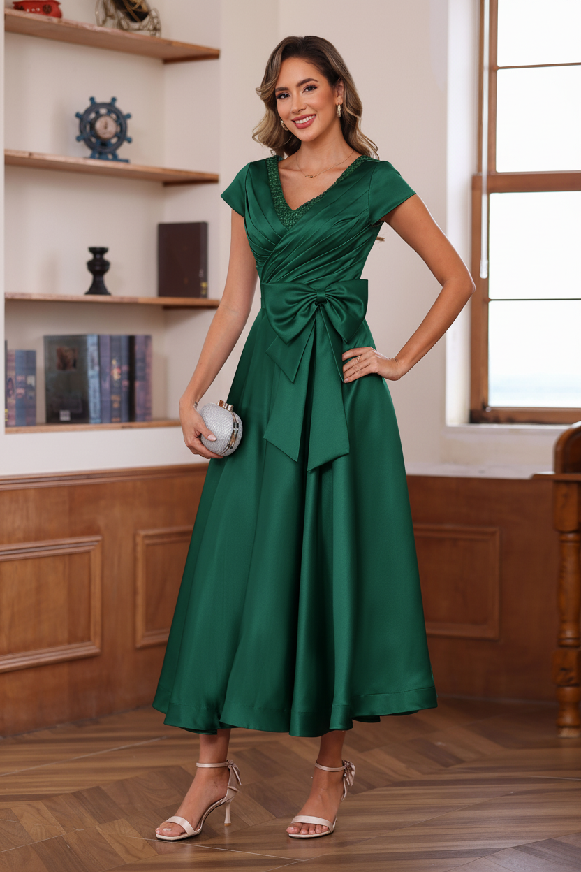 A-Line/Princess V-Neck Short Sleeves Ankle-Length Mother of the Bride Dresses With Pockets & Ruffles