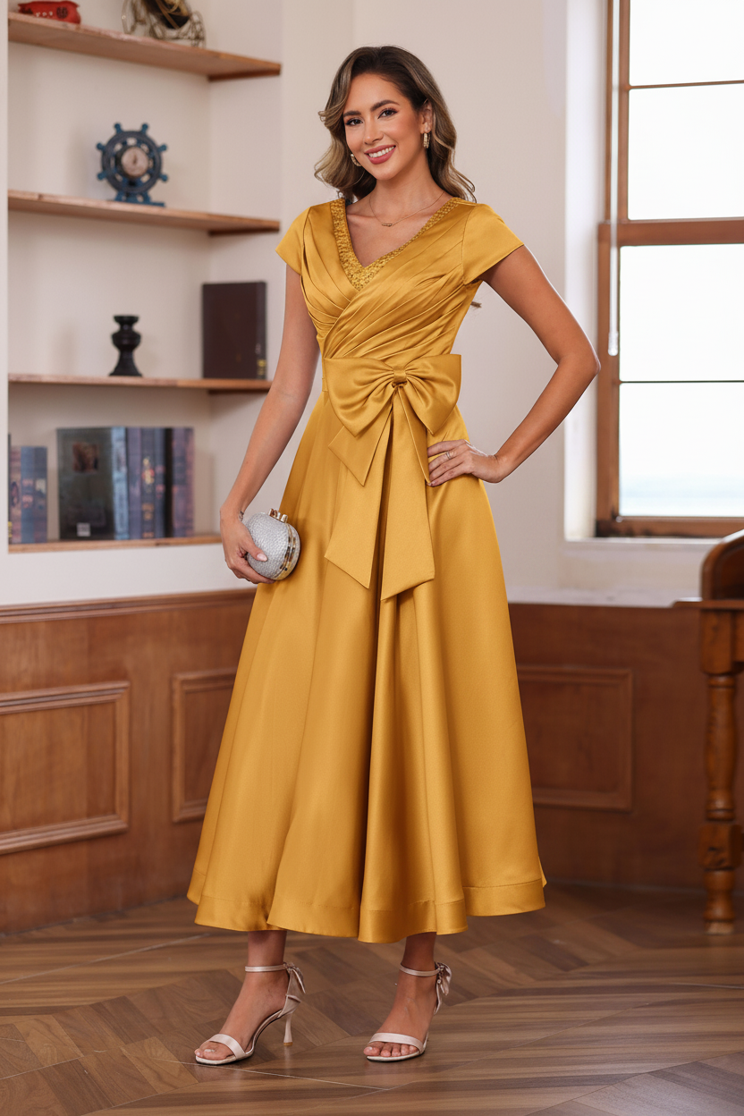 A-Line/Princess V-Neck Short Sleeves Ankle-Length Mother of the Bride Dresses With Pockets & Ruffles