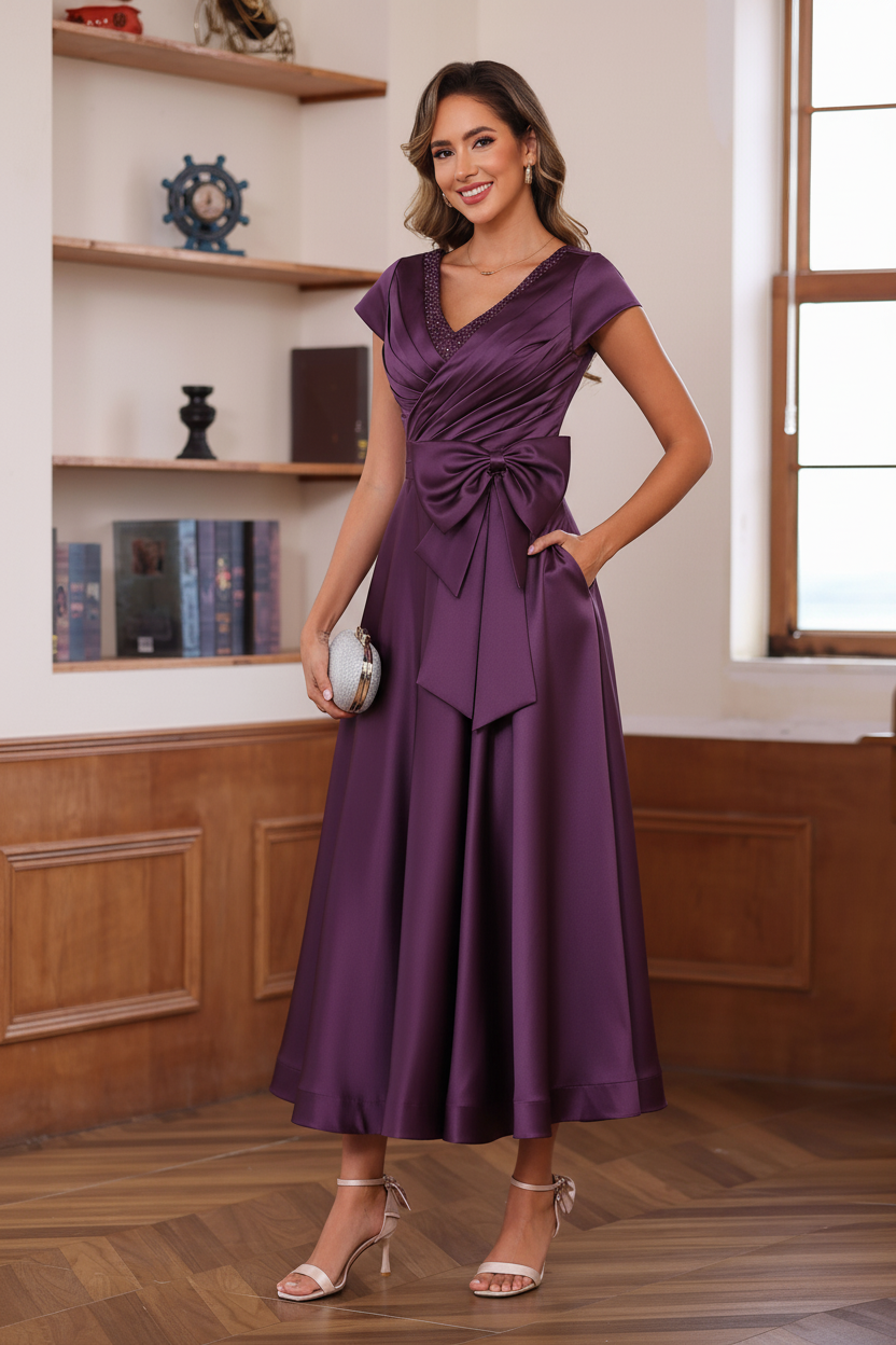 A-Line/Princess V-Neck Short Sleeves Ankle-Length Mother of the Bride Dresses With Pockets & Ruffles