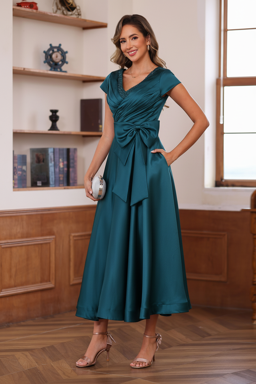 A-Line/Princess V-Neck Short Sleeves Ankle-Length Mother of the Bride Dresses With Pockets & Ruffles