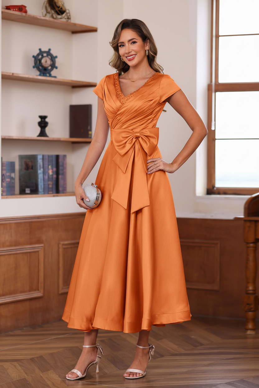A-Line/Princess V-Neck Short Sleeves Ankle-Length Mother of the Bride Dresses With Pockets & Ruffles