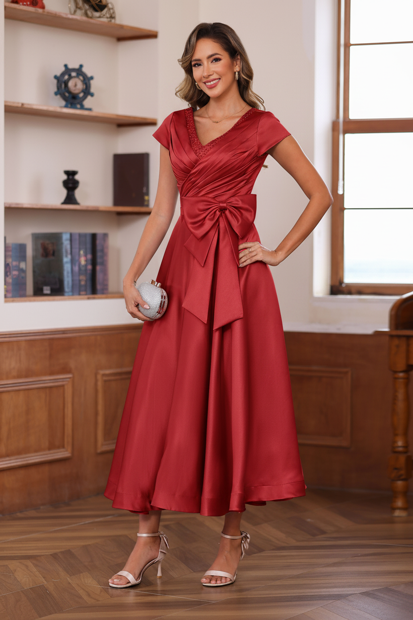 A-Line/Princess V-Neck Short Sleeves Ankle-Length Mother of the Bride Dresses With Pockets & Ruffles