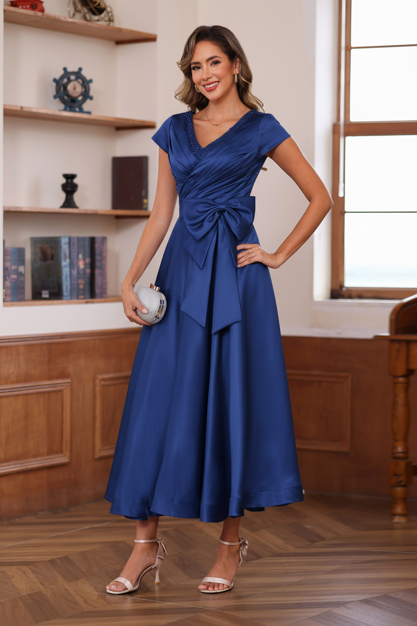 A-Line/Princess V-Neck Short Sleeves Ankle-Length Mother of the Bride Dresses With Pockets & Ruffles
