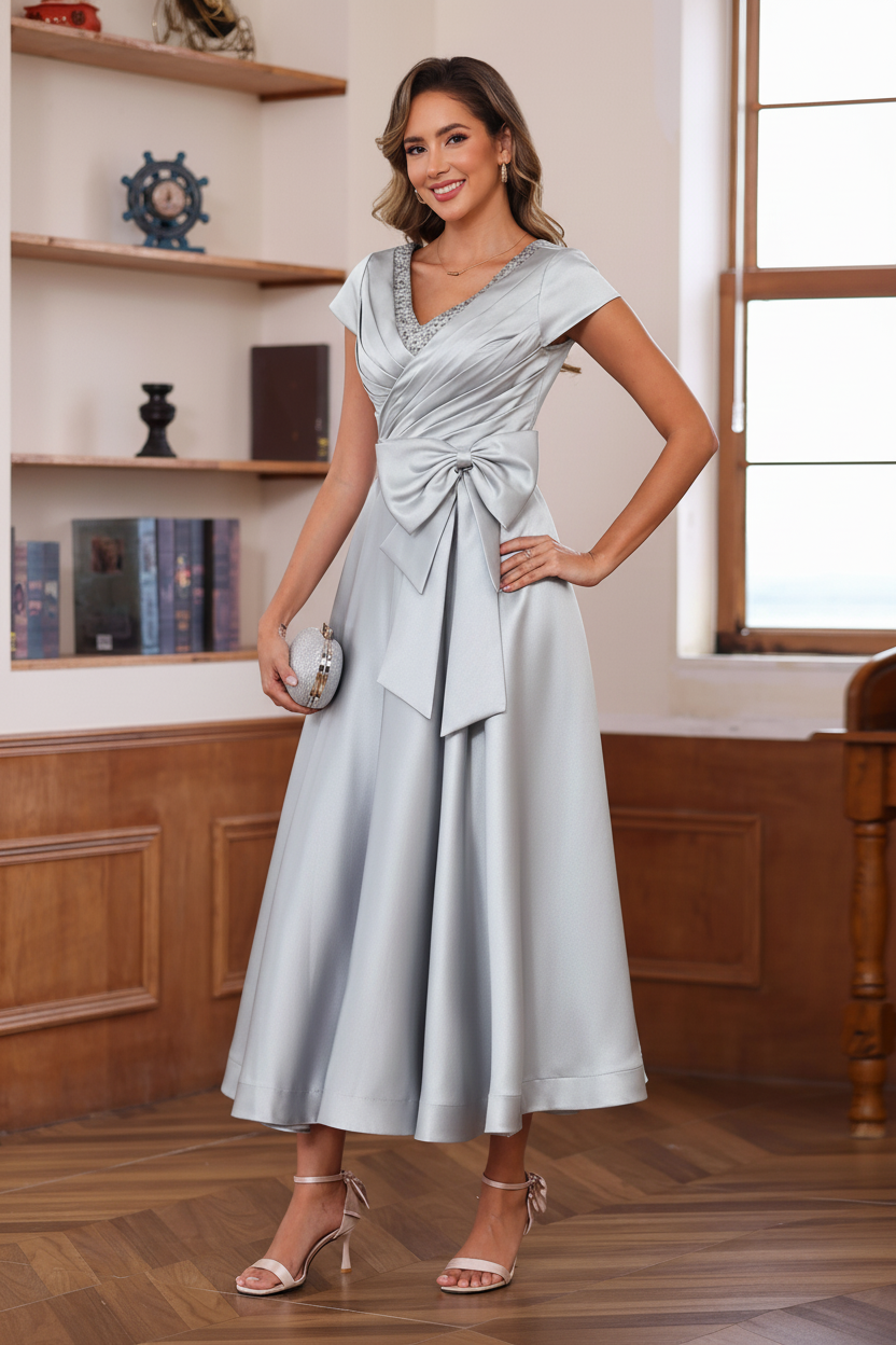 A-Line/Princess V-Neck Short Sleeves Ankle-Length Mother of the Bride Dresses With Pockets & Ruffles