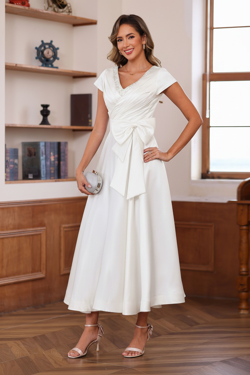 A-Line/Princess V-Neck Short Sleeves Ankle-Length Mother of the Bride Dresses With Pockets & Ruffles
