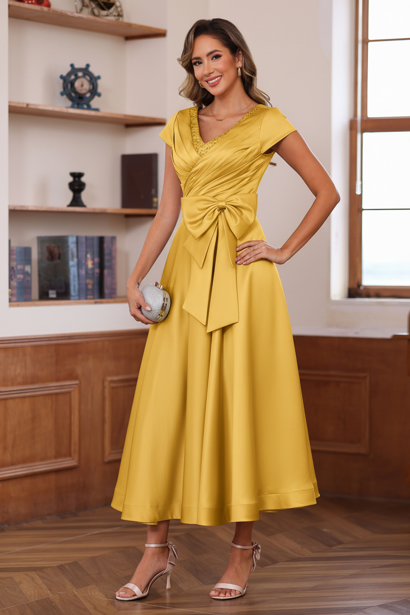 A-Line/Princess V-Neck Short Sleeves Ankle-Length Mother of the Bride Dresses With Pockets & Ruffles