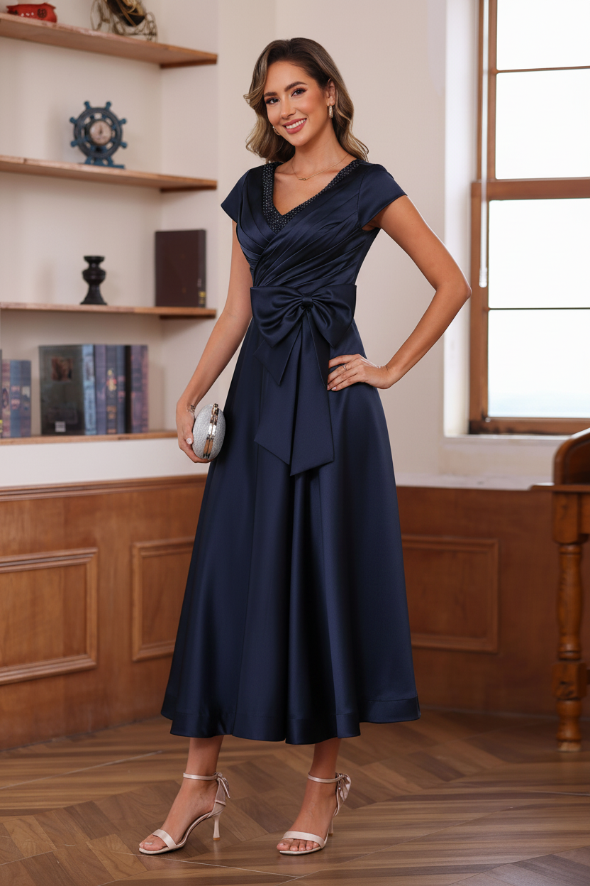 A-Line/Princess V-Neck Short Sleeves Ankle-Length Mother of the Bride Dresses With Pockets & Ruffles