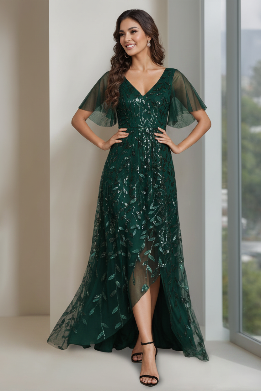 A-Line/Princess V-Neck Short Sleeves Asymmetrical Mother Of The Bride Dresses with Sequins