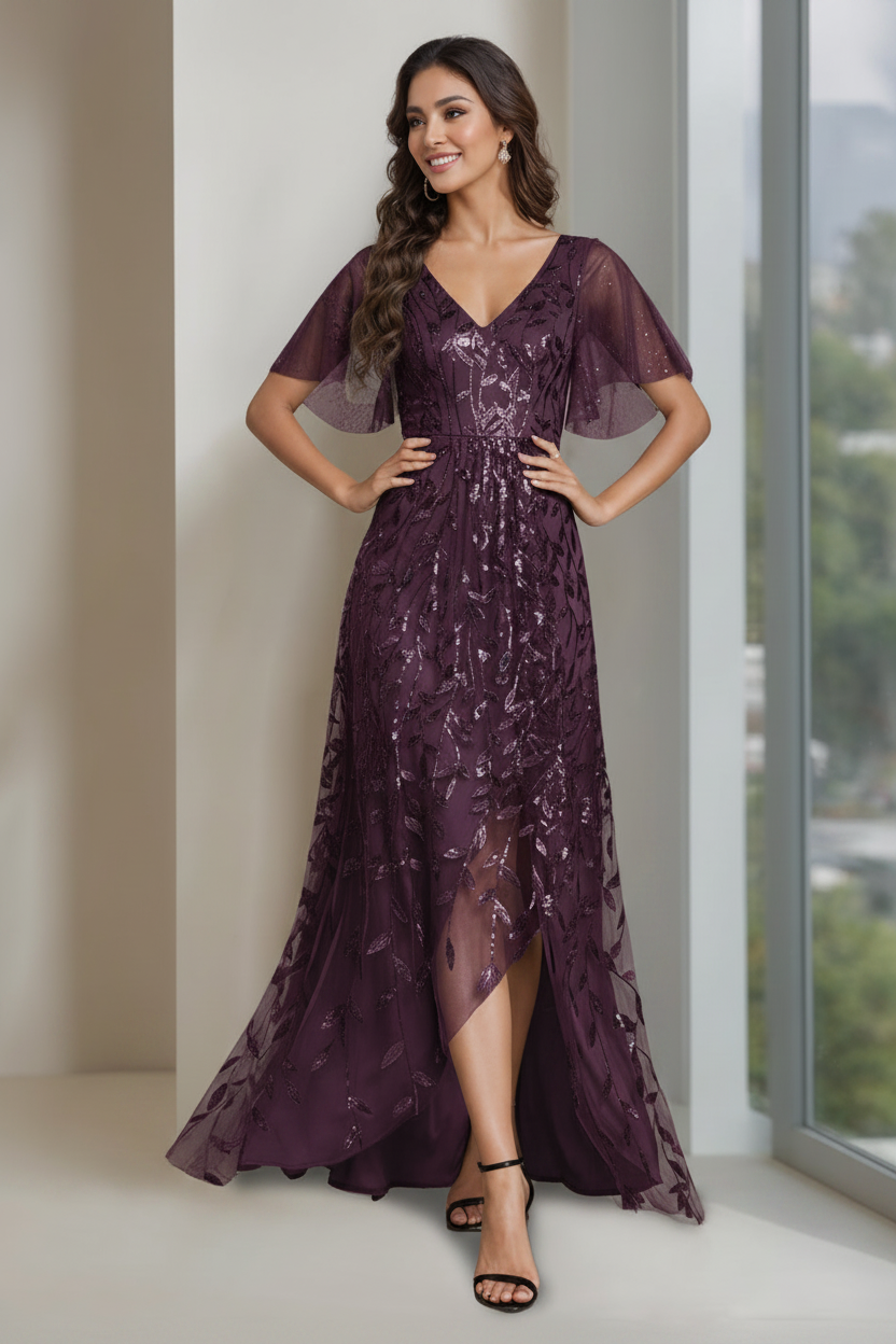 A-Line/Princess V-Neck Short Sleeves Asymmetrical Mother Of The Bride Dresses with Sequins