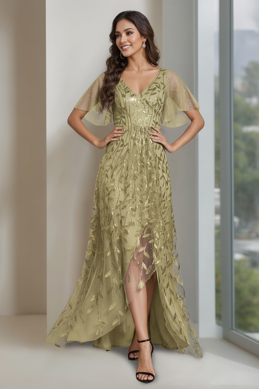 A-Line/Princess V-Neck Short Sleeves Asymmetrical Mother Of The Bride Dresses with Sequins